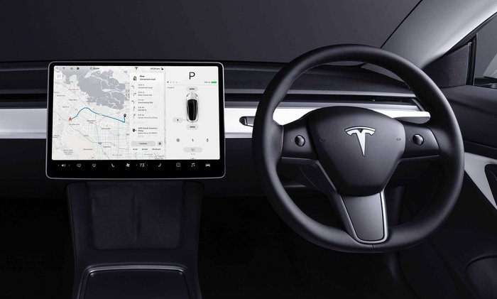 Tesla Model 3 or Model Y interior wheel and screen