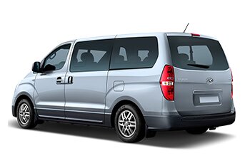Side and rear image of a silver Hyundai iMax People Carrier on a white background