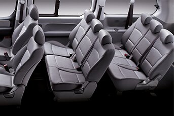 Interior image of an Hyundai iMax People Carrier showing the two rows of 3 backseats in this 8-seater people carrier