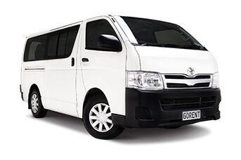 Front image of a Toyota Hiace 10-seater minibus on a white background