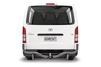 Rear image of a white Toyota Hiace 10-seater minibus on a white background with a GO Rentals plate