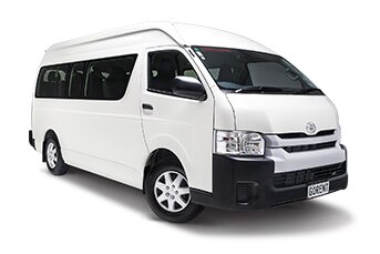 Side image of a white Toyota Hiace 12-seater minibus on a white background