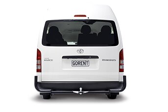 Rear image of a white Toyota Hiace 12-seater minibus on a white background with GO Rentals plates