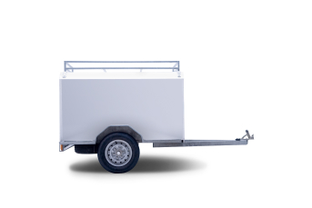 Close up image of a GO Rentals trailer which is available for rental on a white background