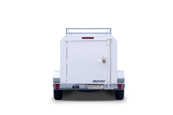Front and side image of a GO Rentals trailer which is available for hire on a white background
